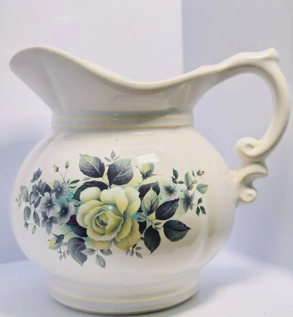 VTG McCoy Pale Blue Water Pitcher Yellow Rose & Blue Flowers Cottage Core 6”